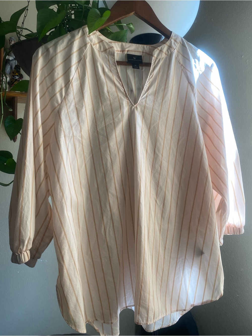Worthington Cotton Blend Cream Striped Blouse Coastal Elevated Chic Office